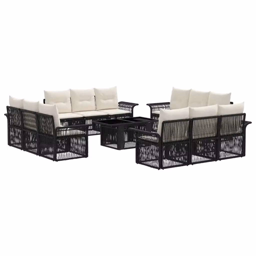 Set Divano da Giardino vidaXL a forma a U con Tavolino, 13 Pezzi, Nero e Bianco Crema, in Polyrattan e Metallo con Cuscini Inclusi – 2