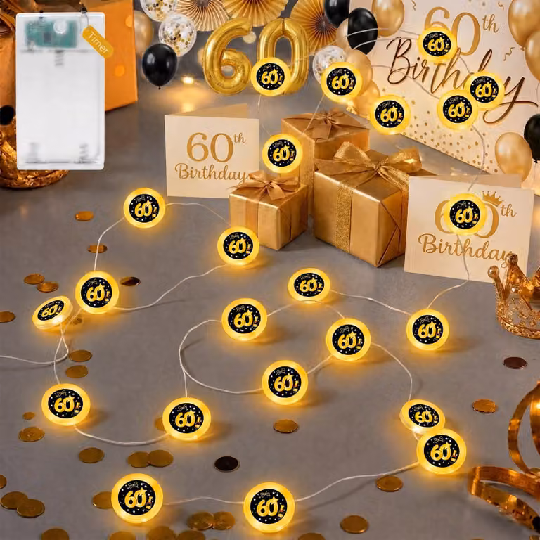Catena luminosa per il 60° compleanno, 2 metri, 20 LED, con timer, alimentata a batteria