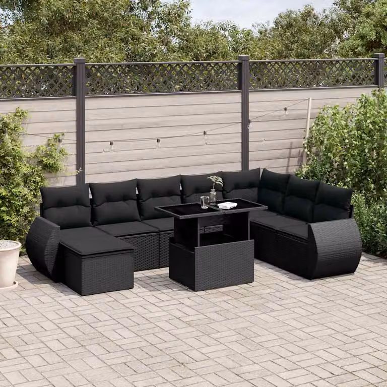 vidaXL Set Divani da Giardino 9 pz Moderno in Polyrattan Nero con Cuscini e Tavolino da Esterno