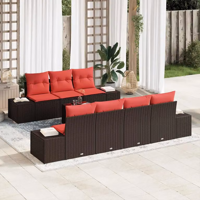 Set Divano da Giardino vidaXL 8 Pezzi a Forma di U in Polyrattan Marrone con Cuscini e Tavolino da Caffè