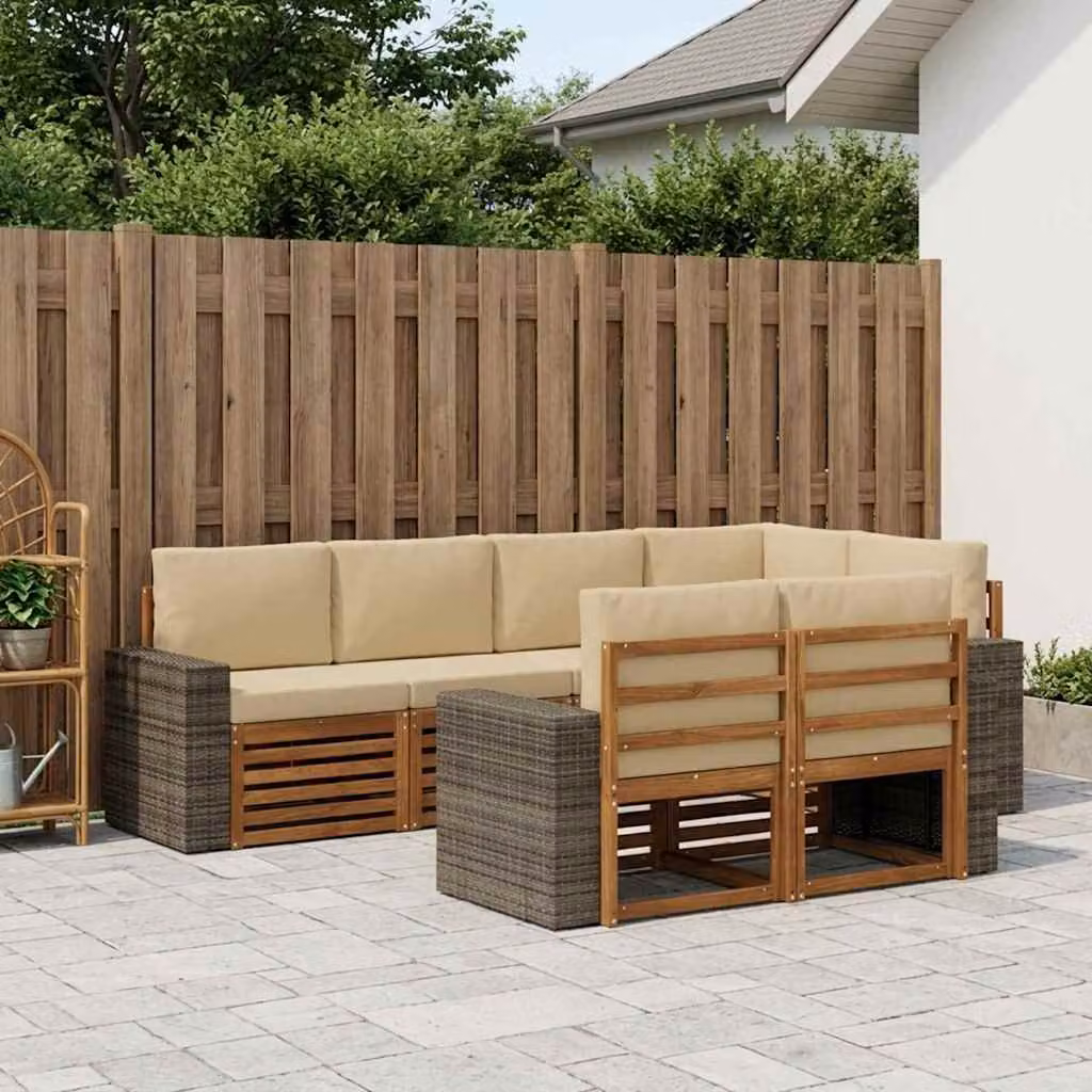 vidaXL Set di divani da esterno a L composto da 7 pezzi in legno di acacia e tessuto beige resistente ai raggi UV