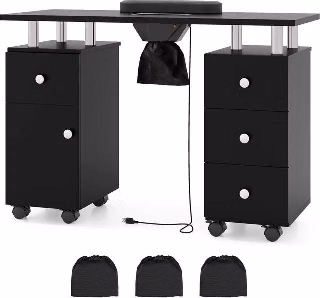 Tavolo manicure professionale con aspirapolvere integrato, supporto per polso e cassetti, scrivania mobile in legno e metallo con 8 ruote, colore Nero – 1