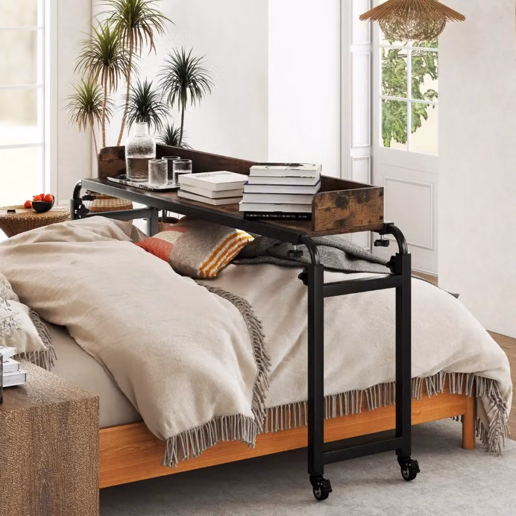 Scrivania mobile per letto matrimoniale con altezza regolabile, telaio in metallo e ruote, colore marrone e nero – 2