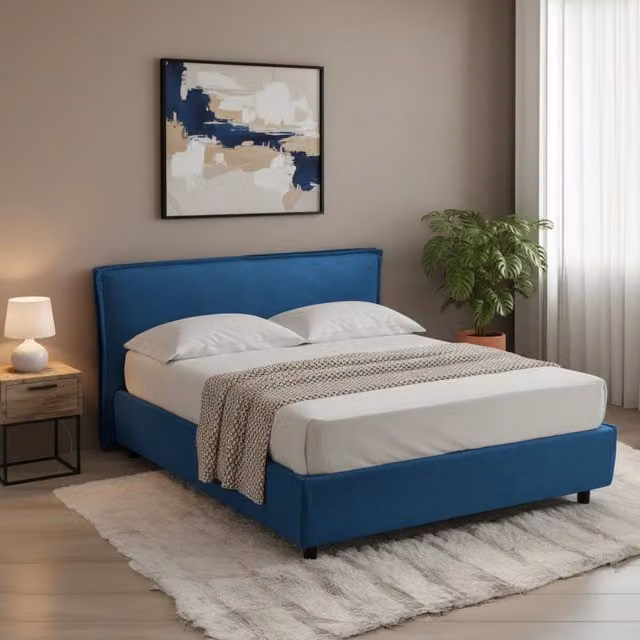 Letto alla francese Bronte DMORA con contenitore a sollevamento, blu e nero – 1