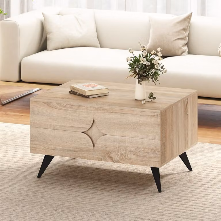 Tavolino da caffè moderno Costway in legno marrone e beige con 3 cassetti e scomparti aperti per soggiorno e camera da letto