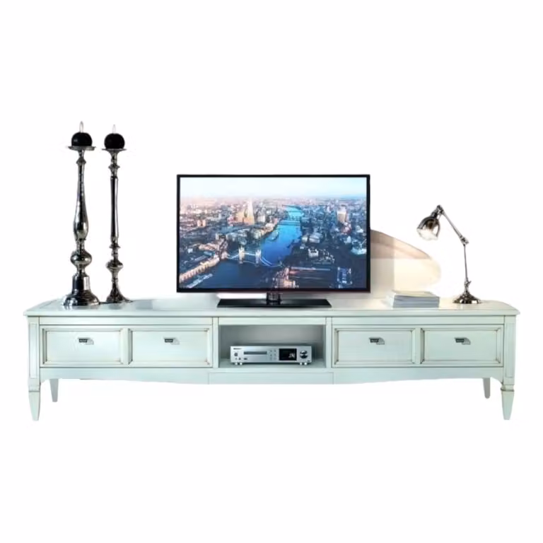 Porta TV classico in legno shabby bianco con 2 cassetti Mobili 2G L: 220 cm, P: 50 cm, H: 51 cm