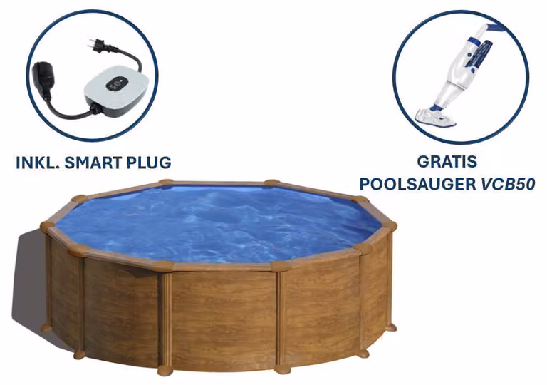 Piscina rotonda in acciaio con effetto legno GRE KITPR458WO – Ø 460 x 132 cm, set completo + pulitore elettrico per piscina VCB50 in omaggio