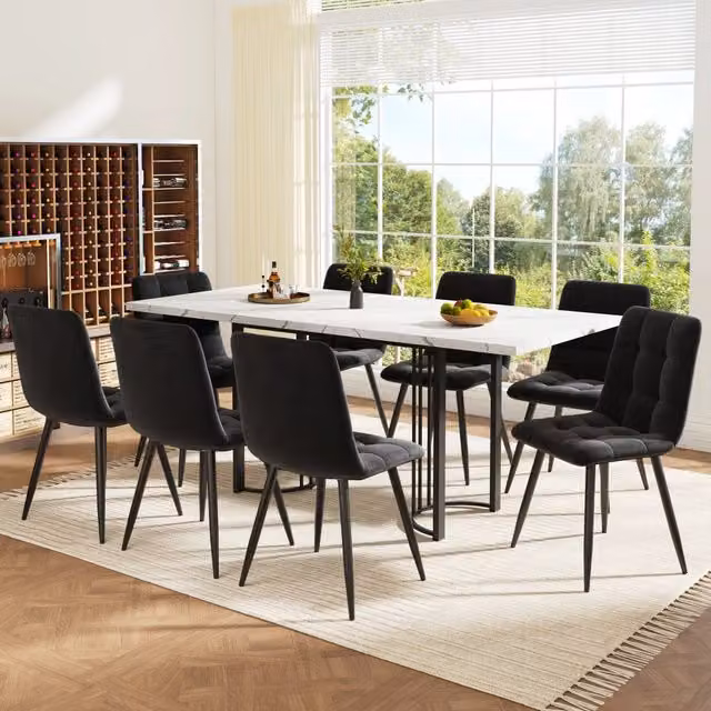 Set Tavolo da Pranzo Allungabile con 8 Sedie ¨C Xylo ¨C Piano Rettangolare, Gambe Metallo, Velluto Nero, 140x80