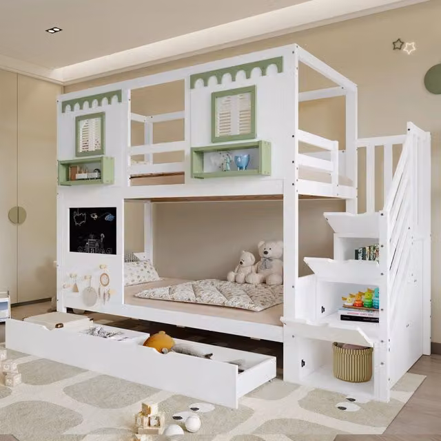 Letto a castello 90x200 cm con scala contenitore; cassetti e lavagna in legno e MDF bianco e verde