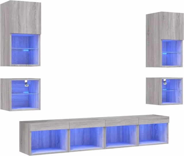 Mobili TV a Muro con LED 8pz | Armadietto TV | Mobile Porta TV Grigio Sonoma Legno Multistrato