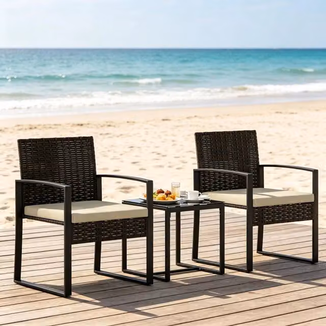 Set bistrot da giardino con 2 poltrone e tavolino piano in vetro cuscini imbottiti in rattan pe e acciaio nero kaki