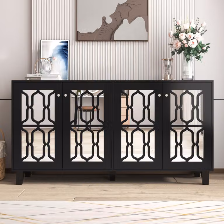 Credenza Merax con 4 ante, 2 ripiani regolabili e frontale a specchio, credenza per soggiorno 160x84x40cm
