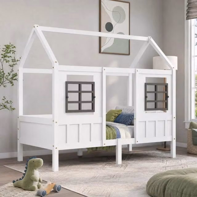 Desviae Letto singolo a casetta 200 × 90 cm con finestre protettive in legno e MDF bianco per cameretta bambini