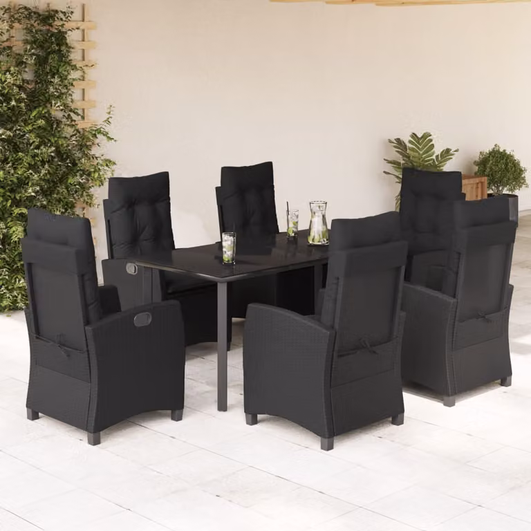 Set da Pranzo da Giardino vidaXL 7 pz in Polyrattan Nero con Piano in Vetro