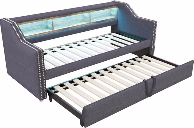 Divano Letto Poltrona Estraibile 90/180 x 190 cm con Contenitore, LED e Porta USB, Grigio Scuro, con Due Materassi a Molle