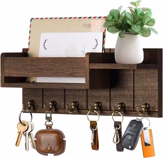 Cassettiera in legno con piano in legno e 6 ganci – ideale per soggiorno, cucina, ufficio, camera da letto e zona living