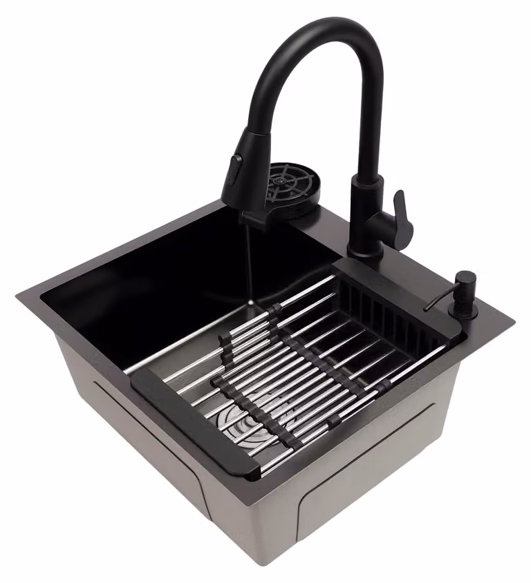 Lavello da cucina con rubinetto e dispenser per sapone - nero