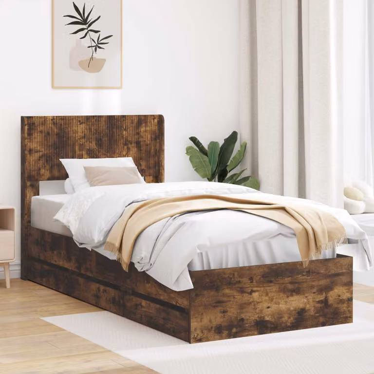 Letto moderno vidaXL con contenitore e testata in legno, colore marrone, L: 140 cm, P: 100 cm, H: 203 cm
