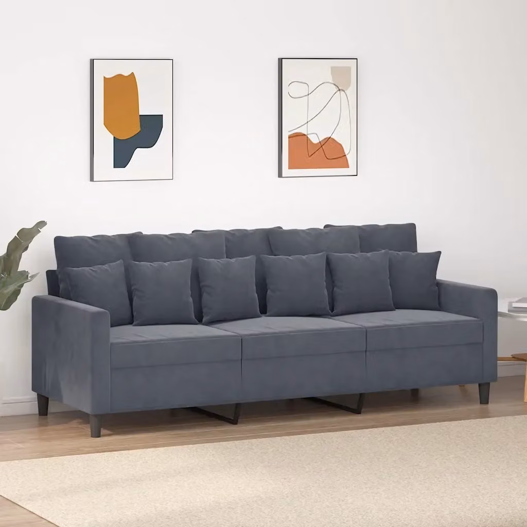 Divano da soggiorno moderno in velluto grigio con struttura in metallo e cuscini inclusi L: 198 cm, P: 80 cm, H: 77 cm – 2
