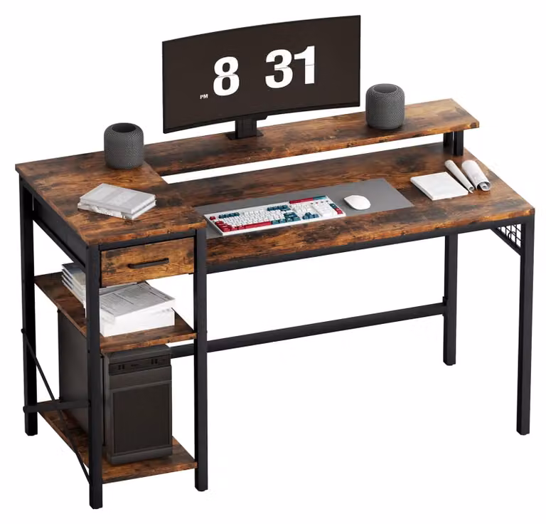 Scrivania ad angolo - Scrivania per computer a forma di L - 120 cm - Ripiani regolabili - Design vintage - Marrone