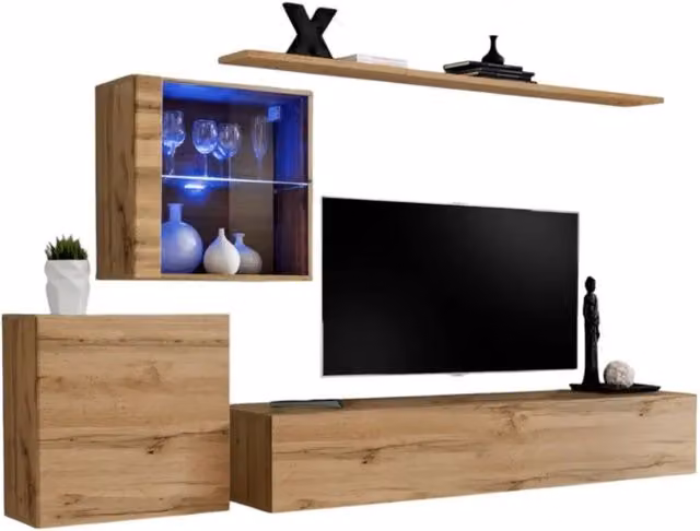 Composizione murale SWITCH XV – Mobile TV, cubi sospesi e scaffale – Rovere Wotan – Design moderno