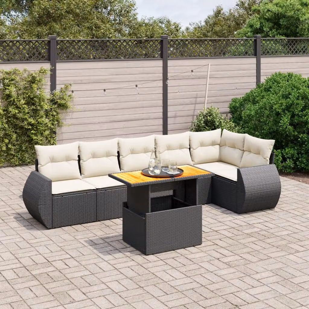 Set Divani da Giardino vidaXL a Forma di L in Polyrattan Nero con 7 Cuscini e Tavolino