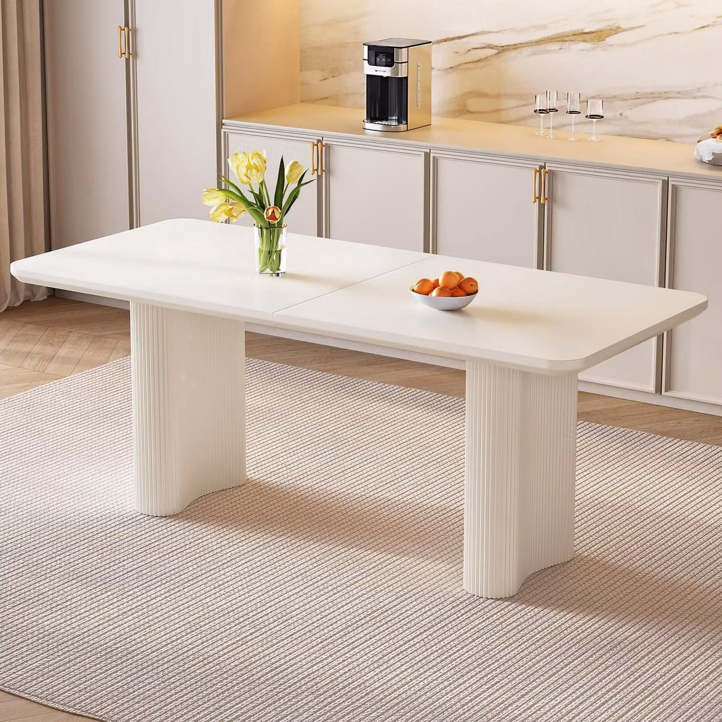 Tavolo da pranzo rettangolare, color crema, 160 cm, con angoli arrotondati