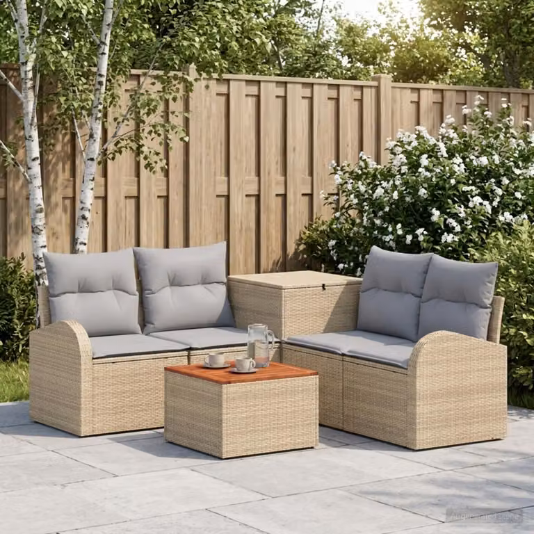 Set di divani da giardino vidaXL 6 pezzi con tavolino e pouf, design moderno a L, beige e grigio multicolore