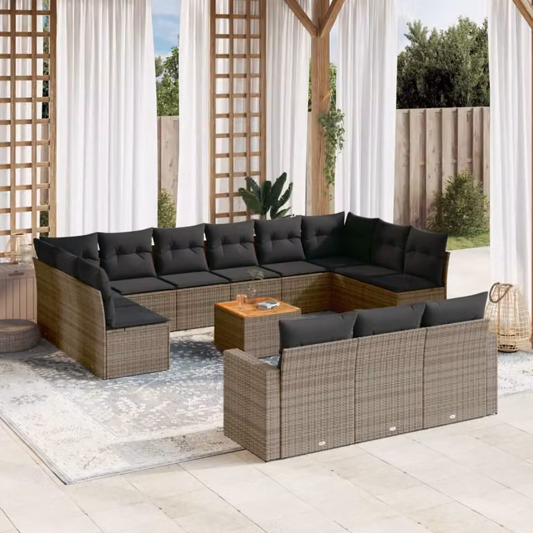 vidaXL Set Divani da Giardino 14pz in Polyrattan Grigio con Cuscini e Tavolino da Esterno