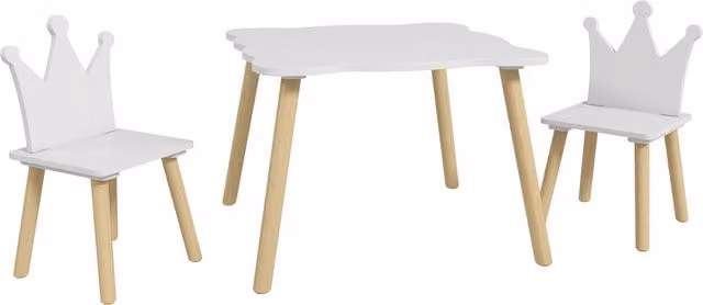 Set Tavolo e 2 Sedie AIYAPLAY per Bambini con Schienale a Corona, Bianco, Età 3-6 Anni