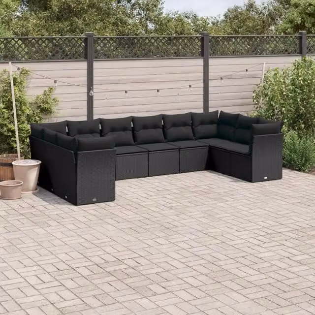 Set Divani da Giardino 10pz con Cuscini in Polyrattan Nero 3218195