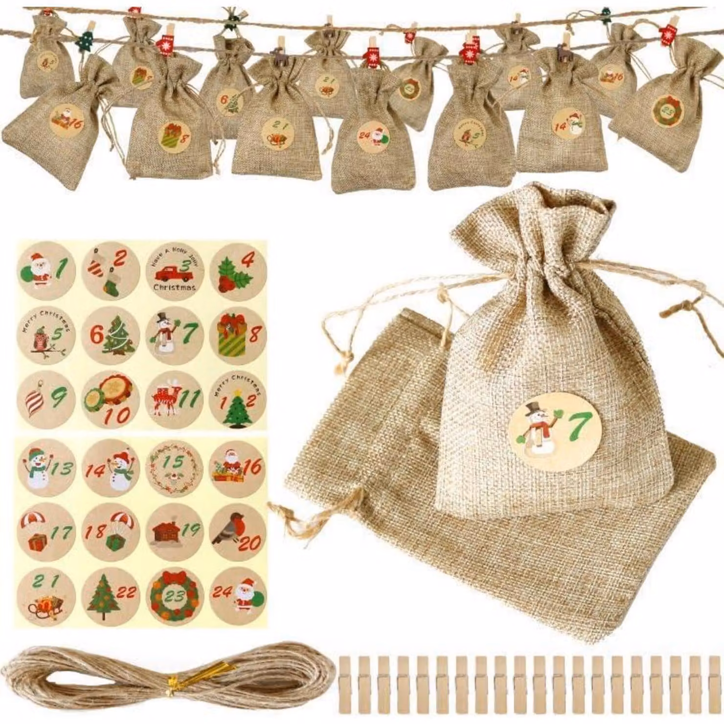Calendario dell'Avvento da riempire, 24 sacchetti di stoffa, set per il conto alla rovescia natalizio fai-da-te per bambini