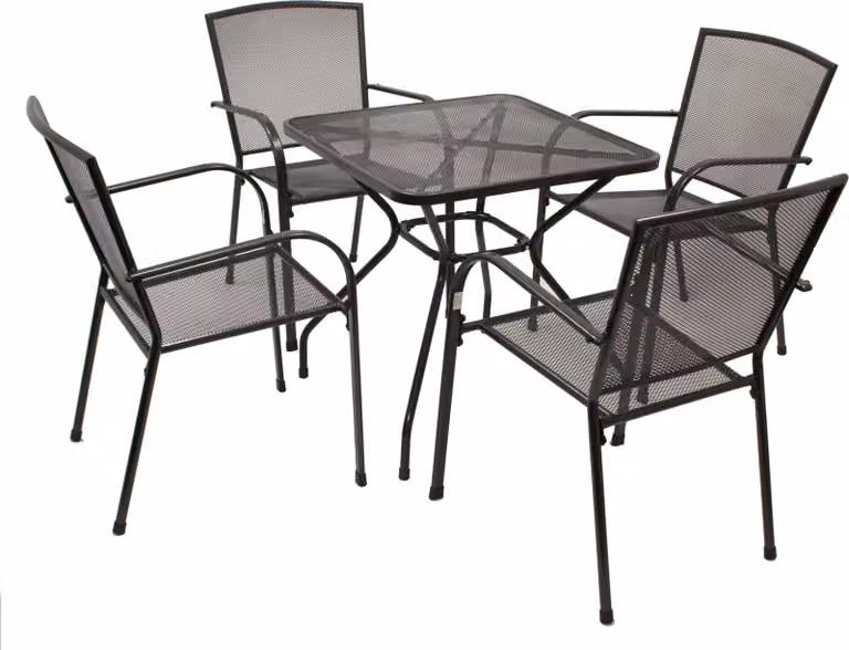 Set da giardino DEGAMO CLASSIC da 5 pezzi (4 poltrone impilabili, 1 tavolo 70x70 cm), lamiera stirata antracite