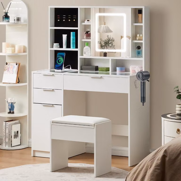 Comò da trucco con illuminazione, 3 cassetti, piano in vetro, bianco, 100x40x138 cm