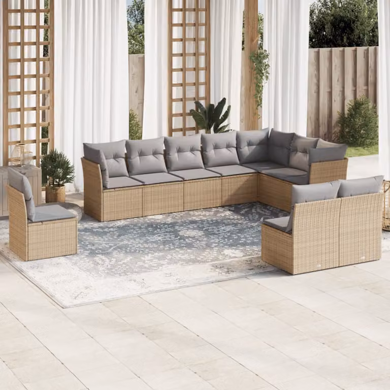vidaXL Set Divano da Giardino 10 pz in Polyrattan e Metallo con Cuscini Beige e Grigio