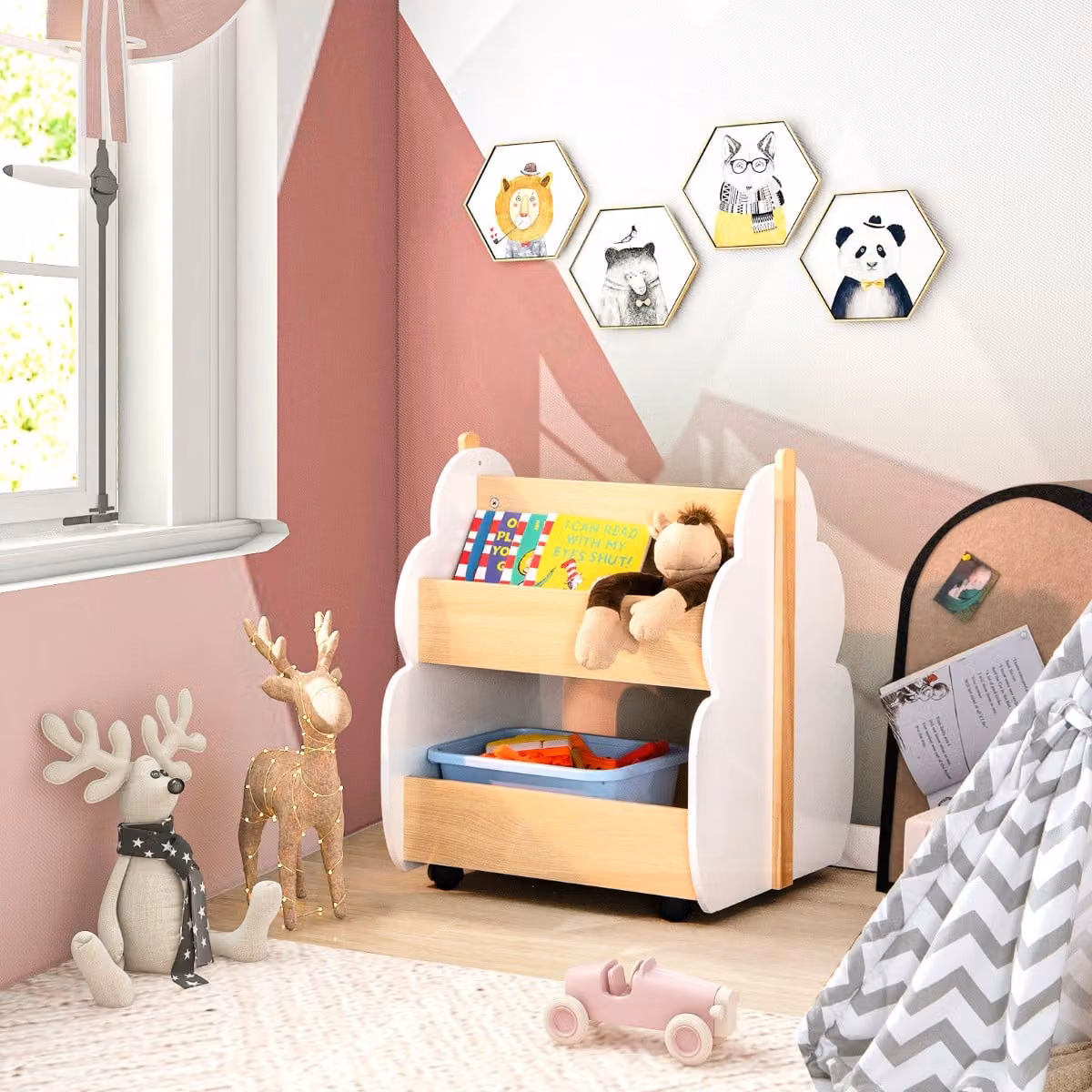 Costway Libreria in legno per bambini con organizzatore di libri, Scaffale di stoccaggio a 2 livelli 52x46x62,5cm Bianco