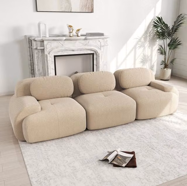 Divano angolare modulare 298x103x70 cm in tessuto a coste beige; senza montaggio