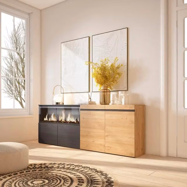 Credenza, Mobile, 208x35x75cm, 4 Porte, Camino elettrico XXL, colore Rovere e nero RF3219