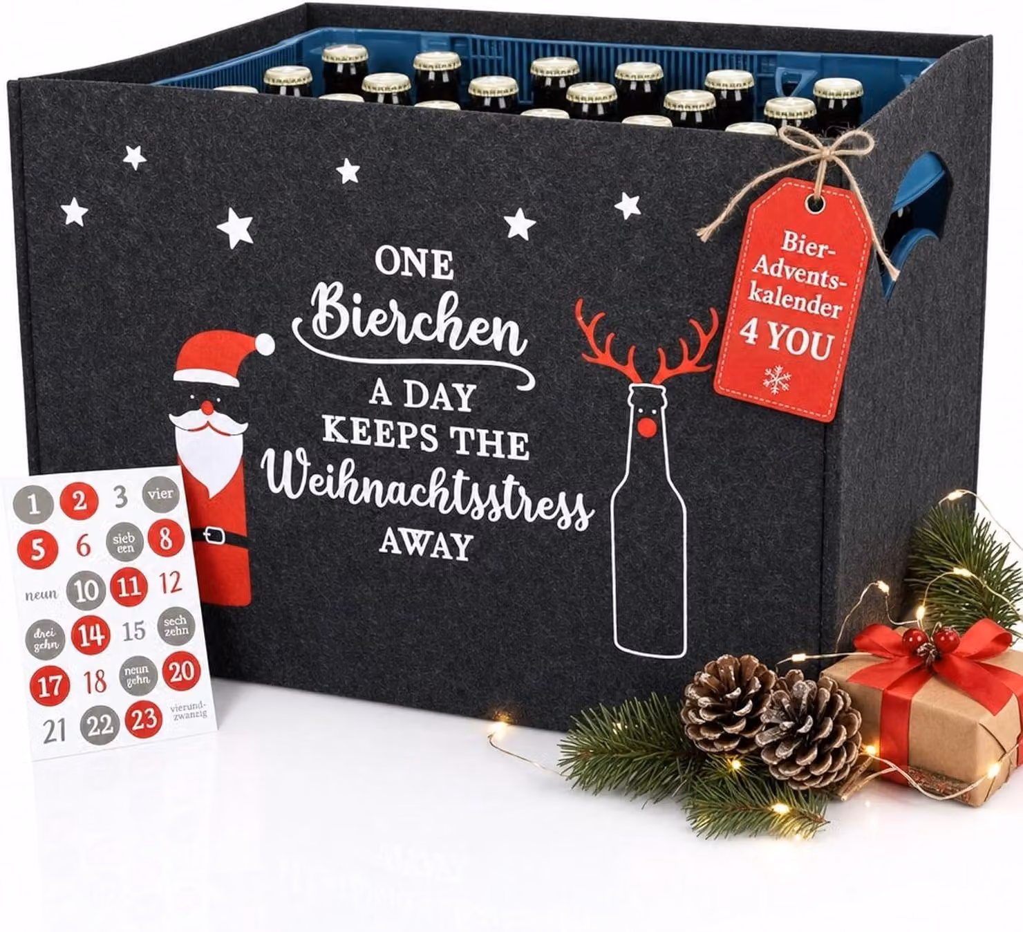 Calendario dell'avvento a tema birra per uomini, realizzato in feltro e adatto per casse di birra. Include 24 adesivi per aumentare l'entusiasmo in vista del Natale, abbinando ogni birra a un momento speciale