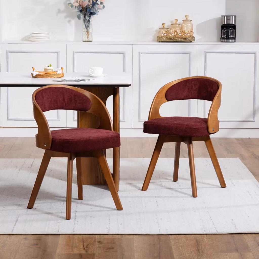 Sedia da pranzo girevole OKWISH in lino con schienale ergonomico e gambe in legno di faggio, rosso – 2