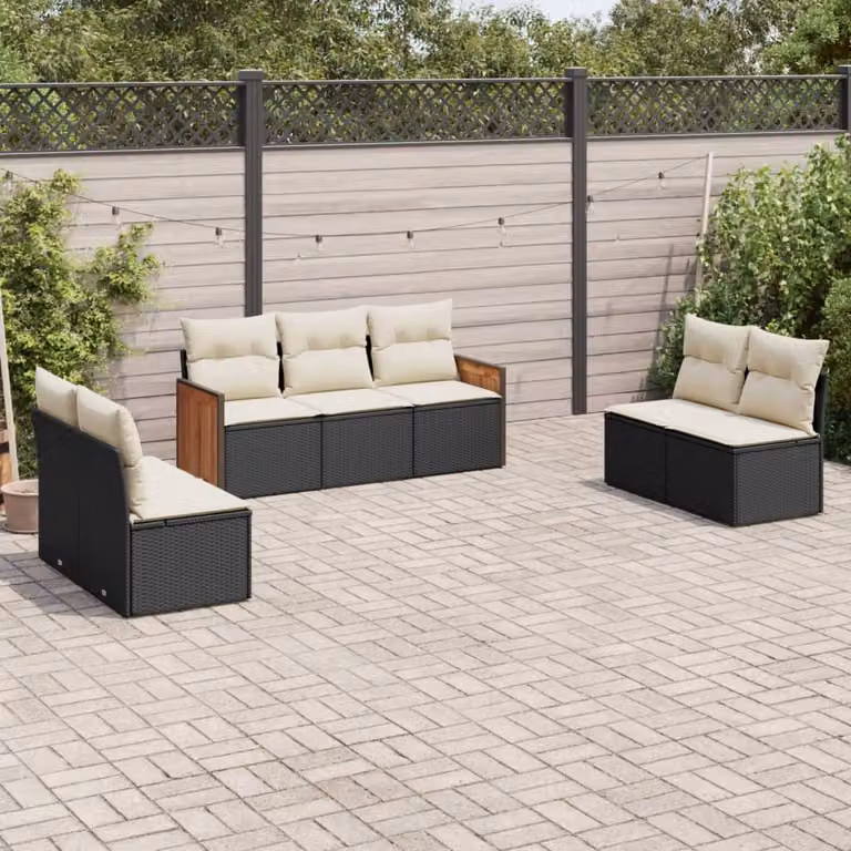 Set di Divani da Giardino vidaXL in Polyrattan Nero con 7 Cuscini e Struttura a L