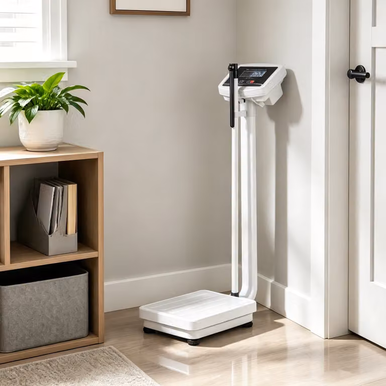 Bilancia pesapersone digitale Costway con misurazione altezza, temperatura e funzione tara, ricaricabile in metallo e plastica, colore bianco