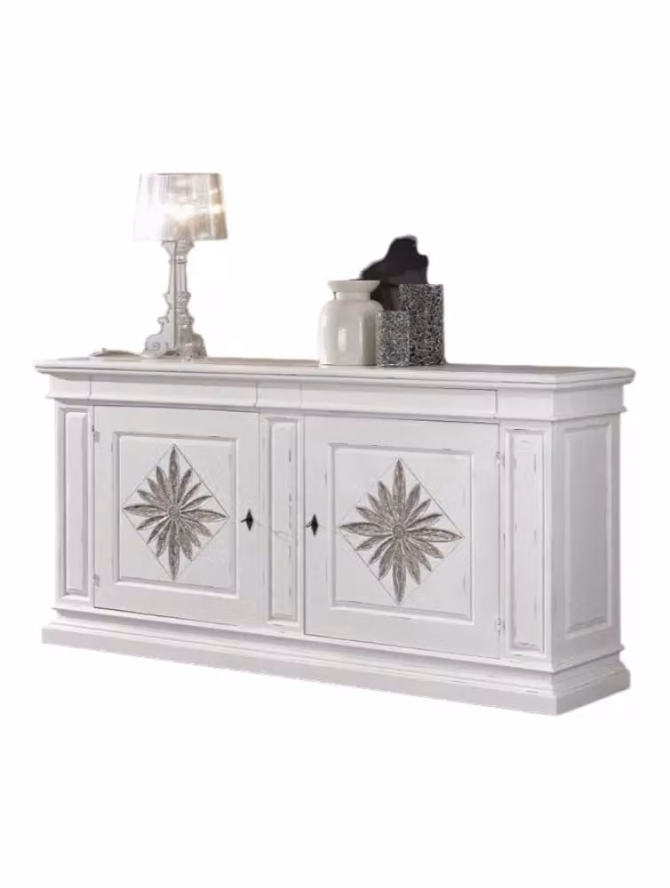Credenza Shabby Chic con 2 Porte e 2 Cassetti in Legno con Intarsio Floreale Bianco Mobili 2G L: 230 cm, P: 57 cm, H: 113 cm