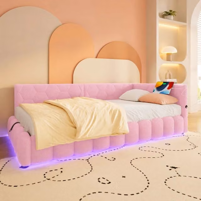 Letto da giorno 90 x 200 cm con vano idraulico; LED; USB e Type-C; velluto rosa