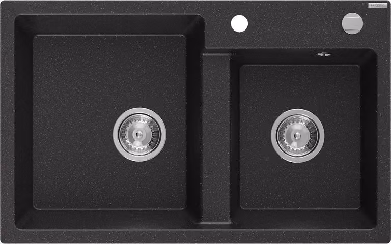 Mexen Tomas lavello in granito a 2 vasche 800 x 500 mm, nero/argento metallizzato, sifone cromato - 6516802000-73