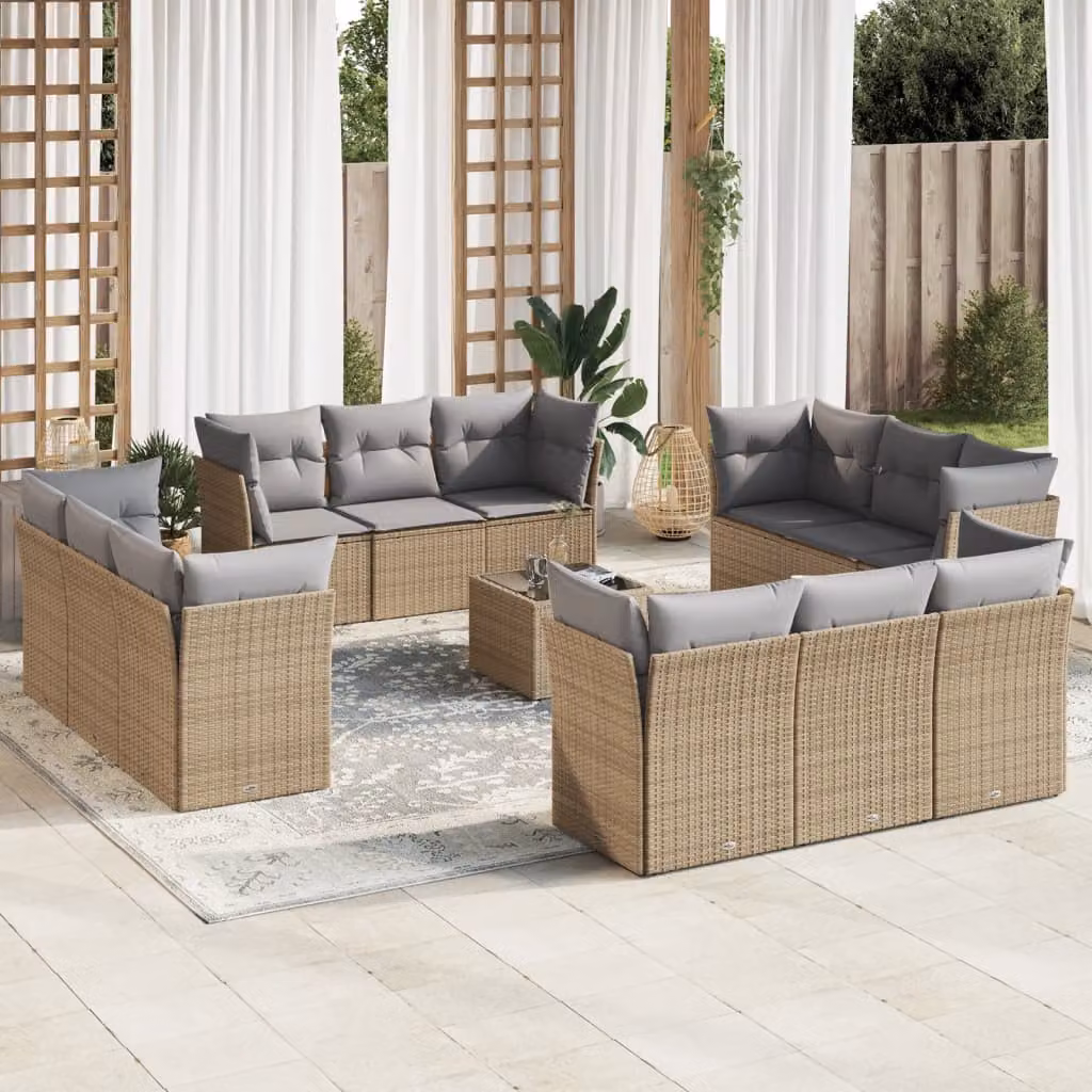 vidaXL Set Divano da Giardino 13 pz a forma di U con Cuscini Beige e Tavolino in Vetro – 1