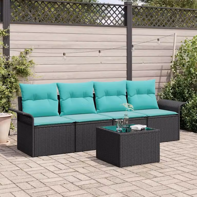 Set Divano da Giardino vidaXL 5 Pezzi in Polyrattan Nero e Turchese con Cuscini e Tavolino