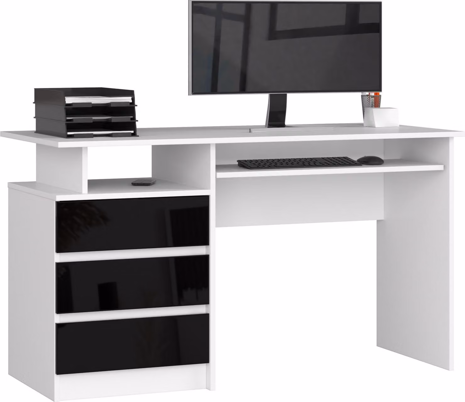 Scrivania Moderna 135 cm Bianca e Nera Lucida con Tre Cassetti e Ripiano Tastiera Estraibile
