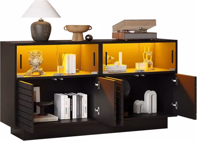 Credenza e madia moderna con illuminazione LED e 4 ante scorrevoli in vetro per soggiorno o sala da pranzo, colore nero, L: 130 cm, P: 35 cm, H: 68 cm