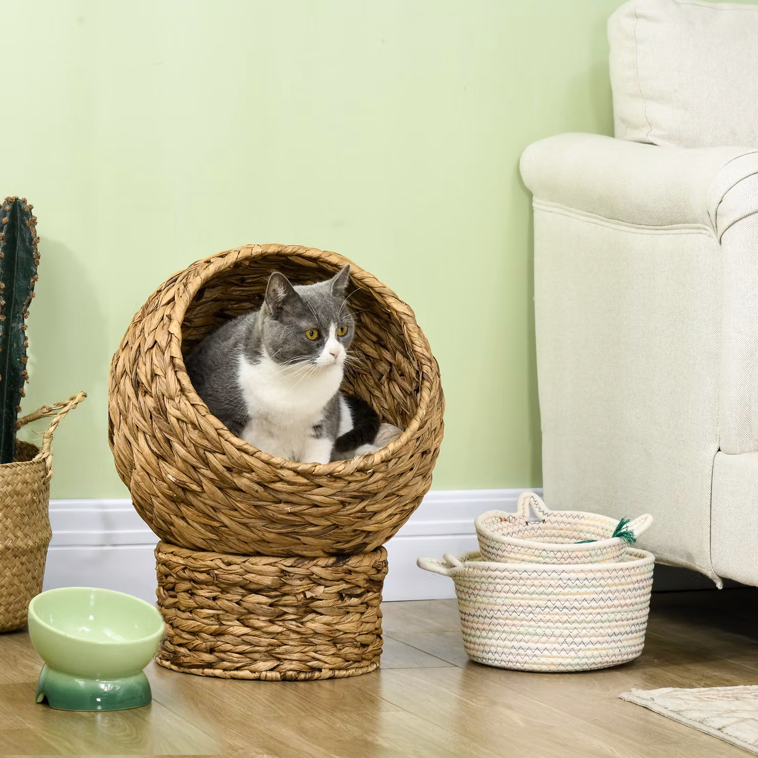 Cuccia per gatti in vimini PawHut con cuscino in cotone, colore marrone e bianco, L 42 cm x P 33 cm x H 52 cm – 2